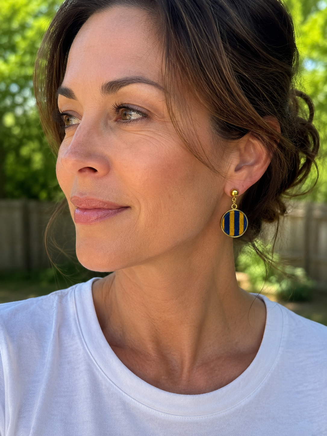 avy & Gold Striped Dangle Earrings – Polymer Clay & High-Gloss Resin