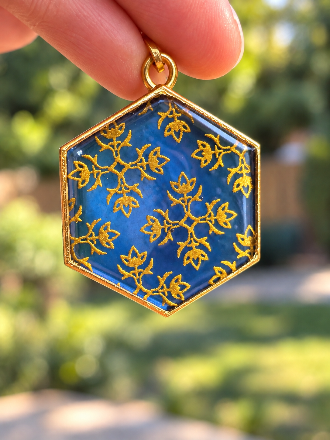 Golden Brocade Hexagon Pendant Necklace
