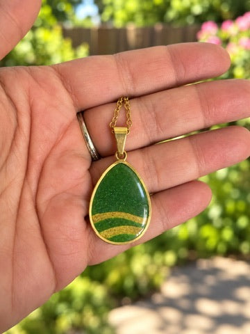 Handcrafted Olive & Gold Polymer Clay Teardrop Necklace (18")