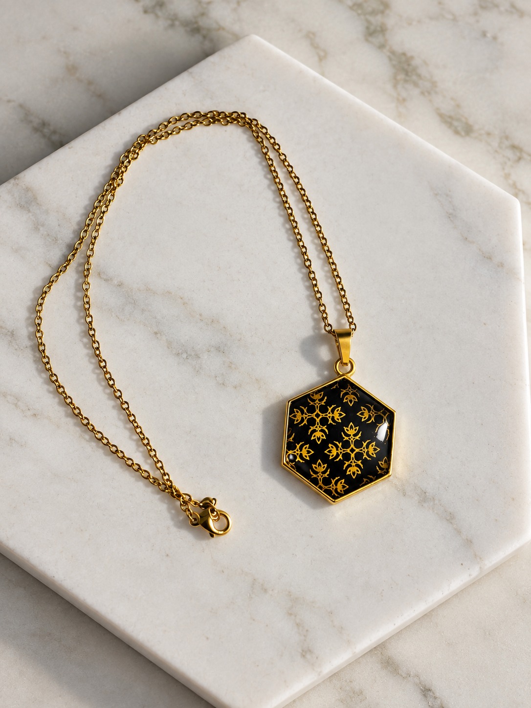 Golden Brocade Hexagon Pendant Necklace