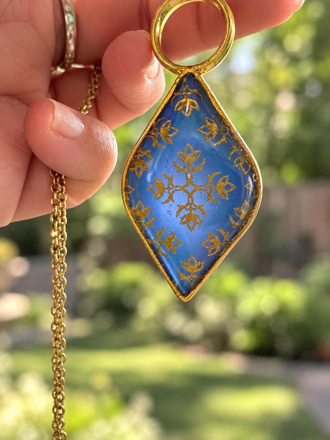 Golden Brocade Hexagon Pendant Necklace