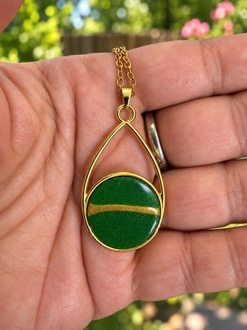 Handcrafted Olive & Gold Polymer Clay Teardrop Necklace (18")