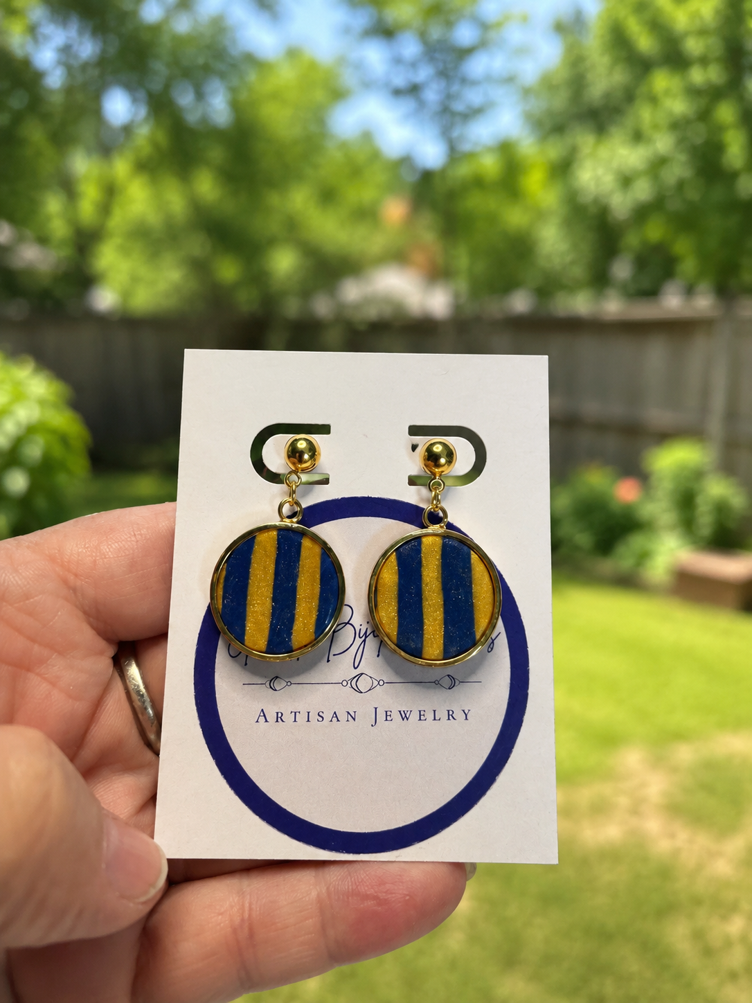avy & Gold Striped Dangle Earrings – Polymer Clay & High-Gloss Resin
