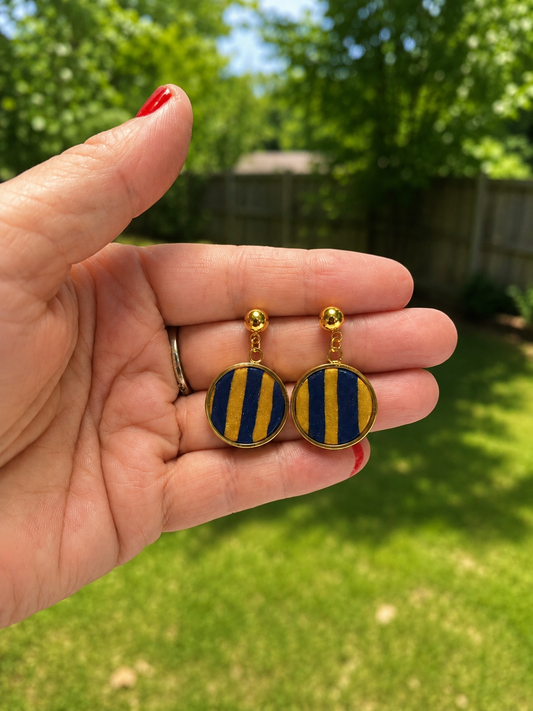 avy & Gold Striped Dangle Earrings – Polymer Clay & High-Gloss Resin