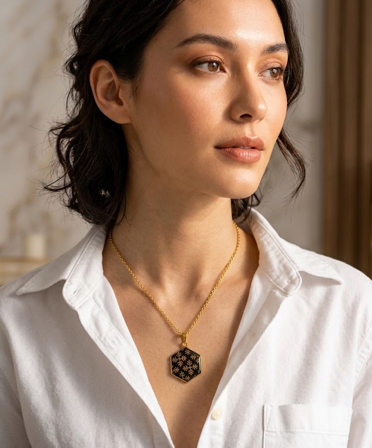 Golden Brocade Hexagon Pendant Necklace