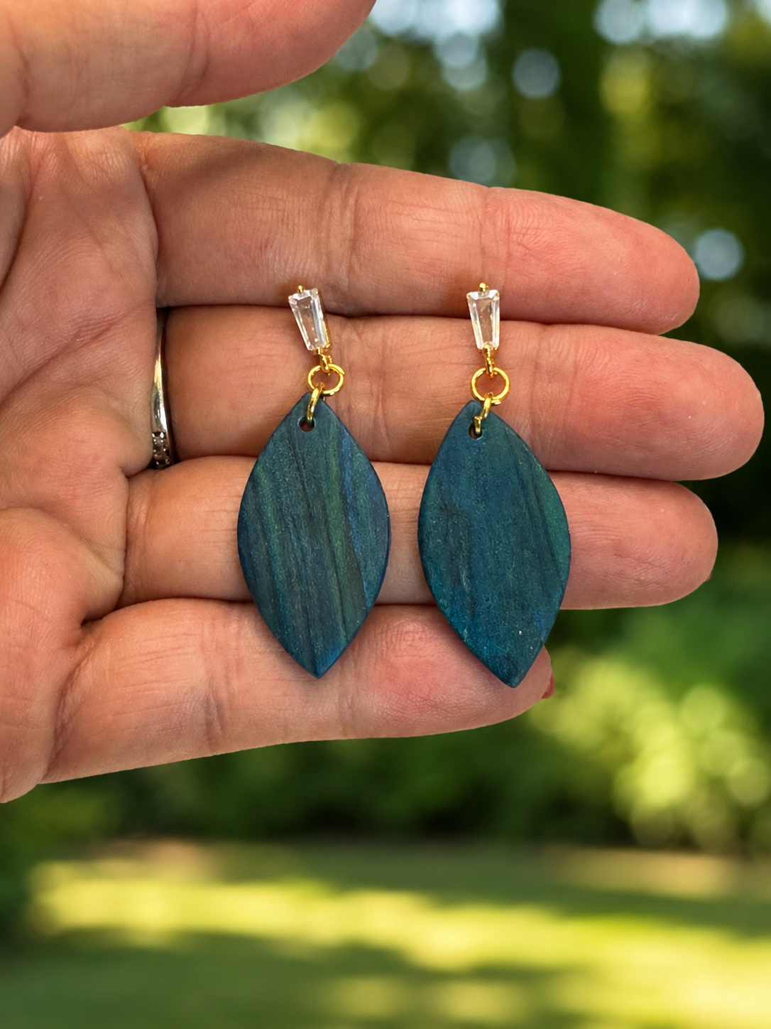 Deep Teal Marquise Dangle Earring with Gold and Crystal Accents