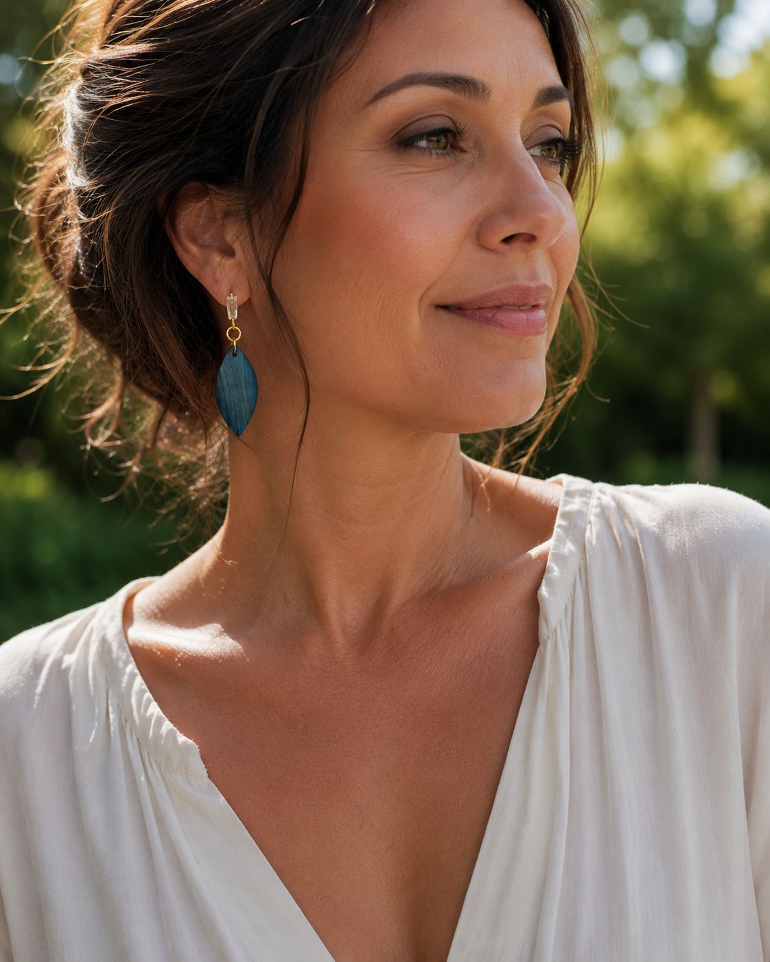 Deep Teal Marquise Dangle Earring with Gold and Crystal Accents