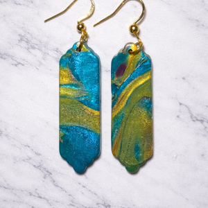 Drop earrings, rectangular with scalloped ends and gold fish hook with a small golden ball.