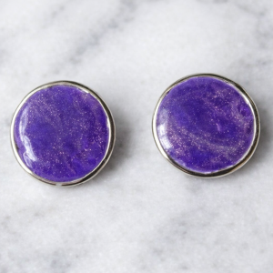 purple polymer clay with silver shimmer in a silver tone bezel